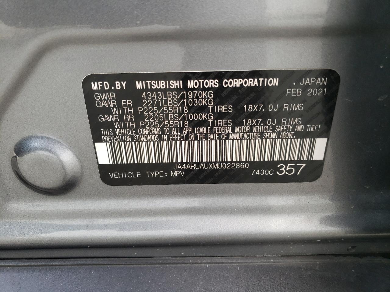 2021 Mitsubishi Outlander Sport Es VIN: JA4ARUAUXMU022860 Lot: 65569264