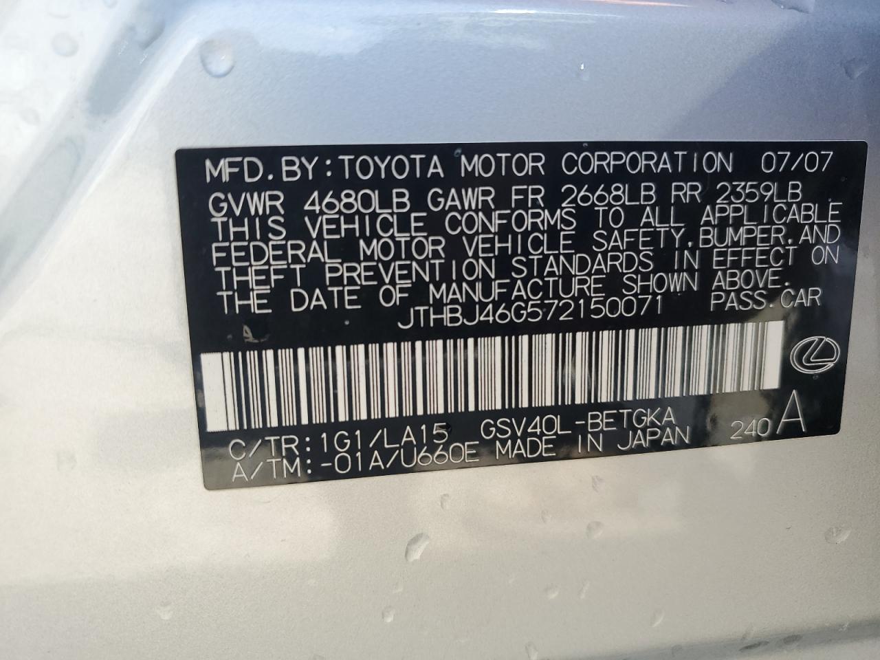 2007 Lexus Es 350 VIN: JTHBJ46G572150071 Lot: 69099414