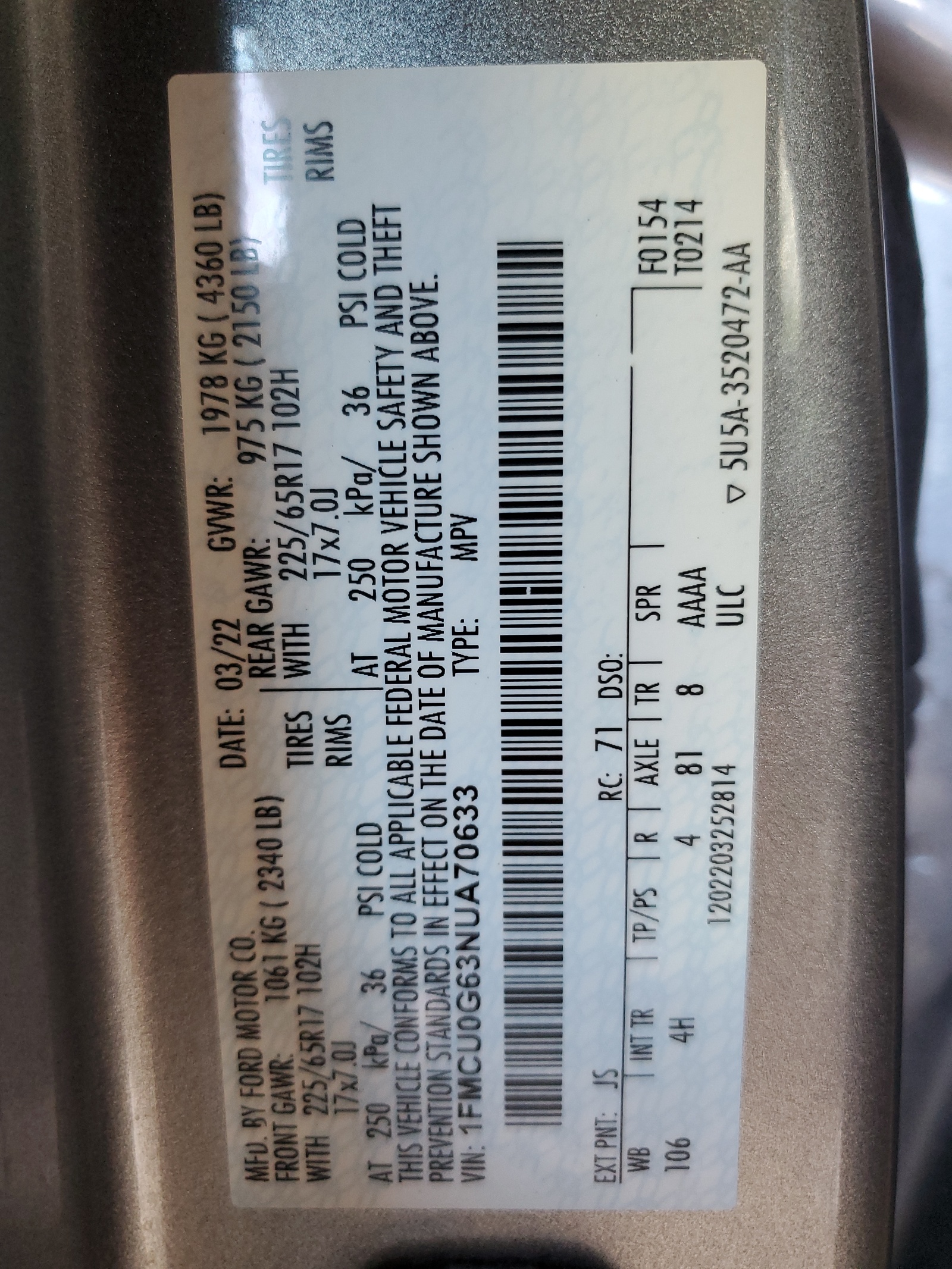 1FMCU0G63NUA70633 2022 Ford Escape Se