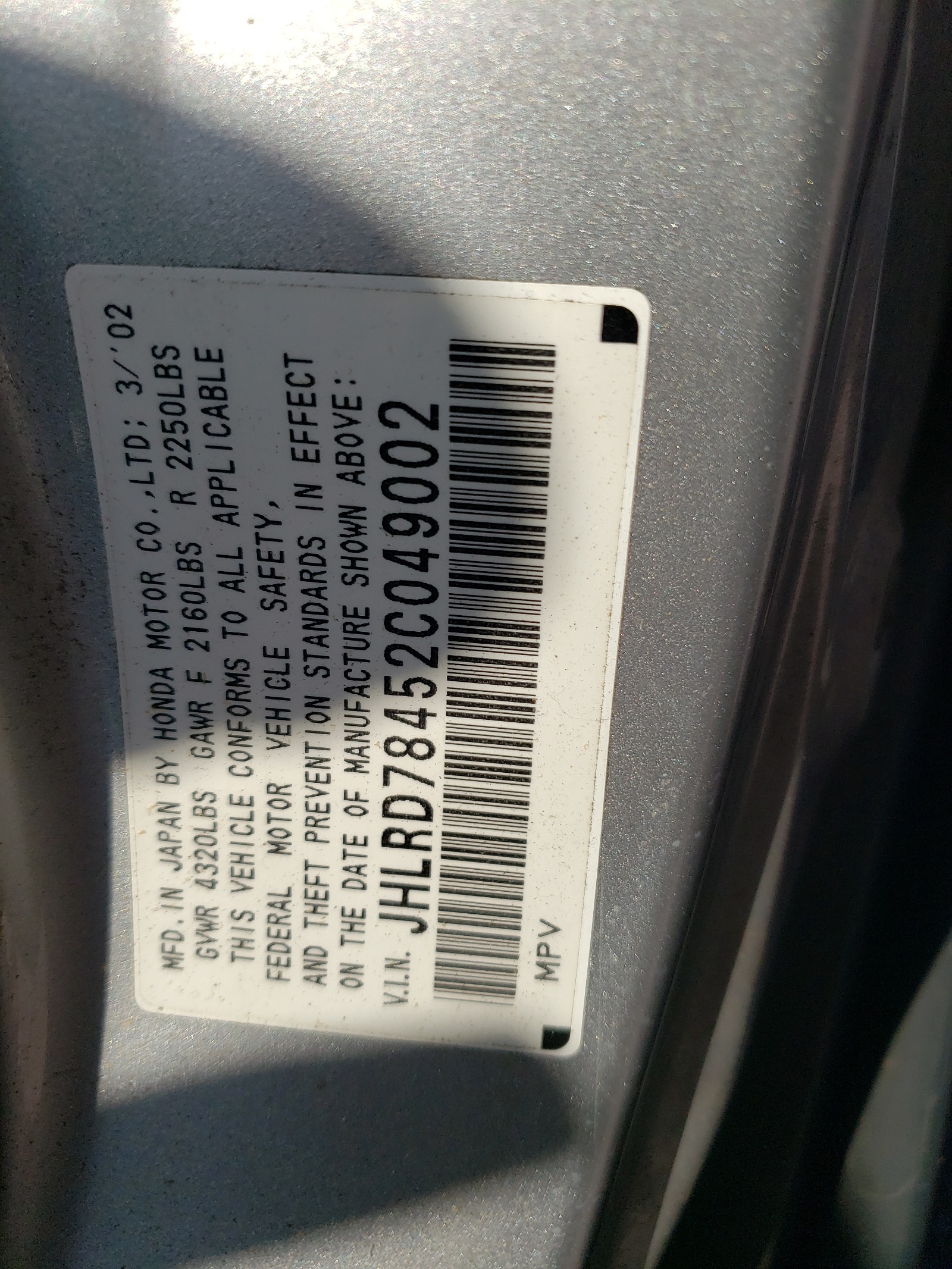 JHLRD78452C049002 2002 Honda Cr-V Lx