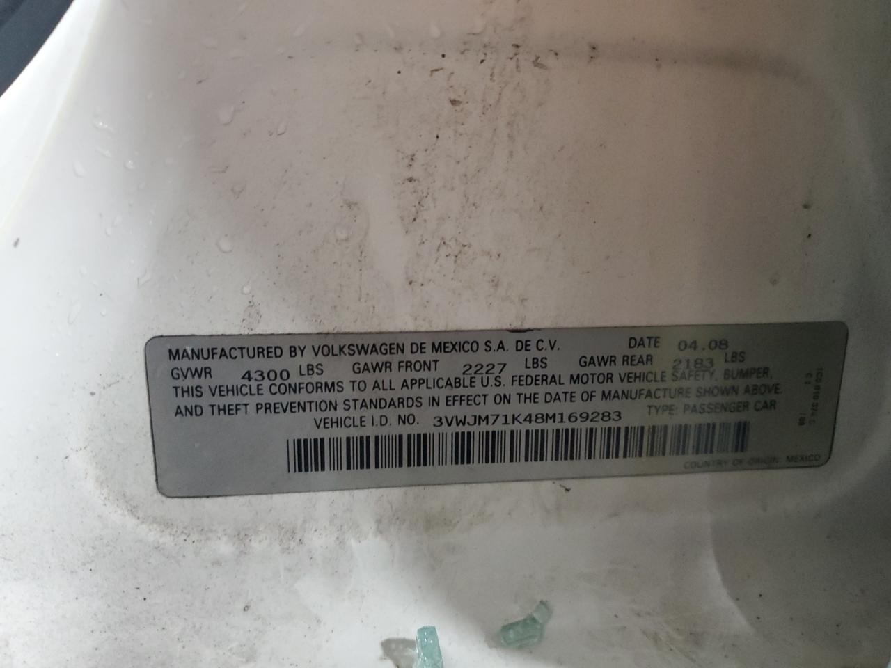 2008 Volkswagen Jetta S VIN: 3VWJM71K48M169283 Lot: 65745634
