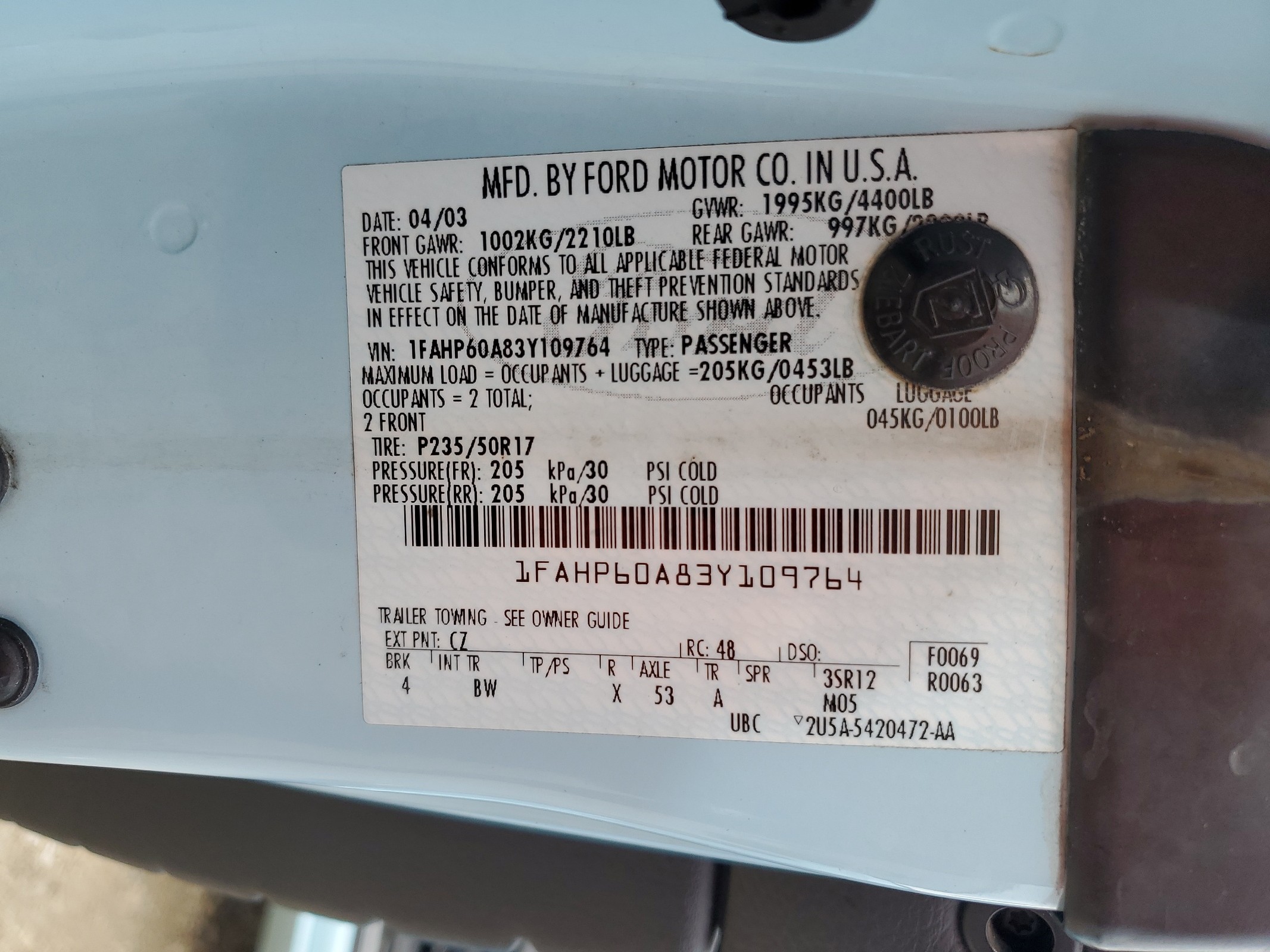 1FAHP60A83Y109764 2003 Ford Thunderbird