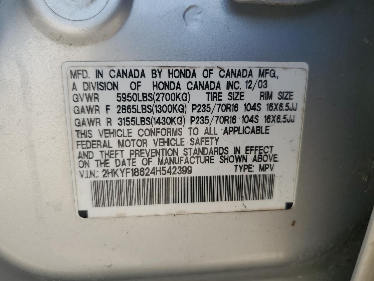 2HKYF18624H542399 2004 Honda Pilot Exl