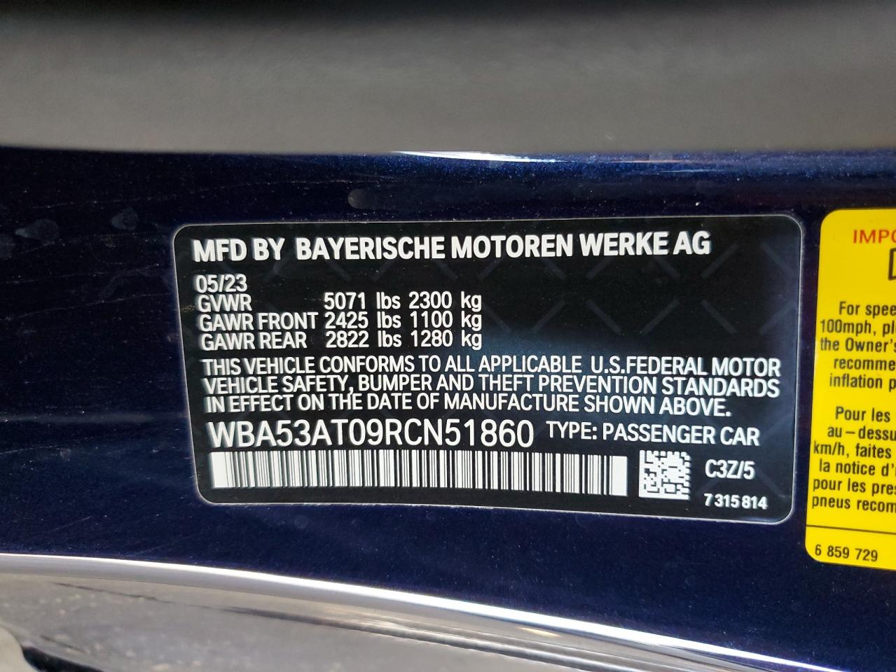 2024 BMW M440I VIN: WBA53AT09RCN51860 Lot: 67140264