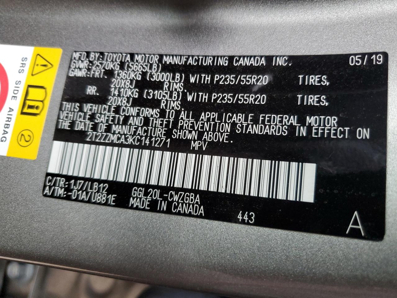 2019 Lexus Rx 350 Base VIN: 2T2ZZMCA3KC141271 Lot: 67162324