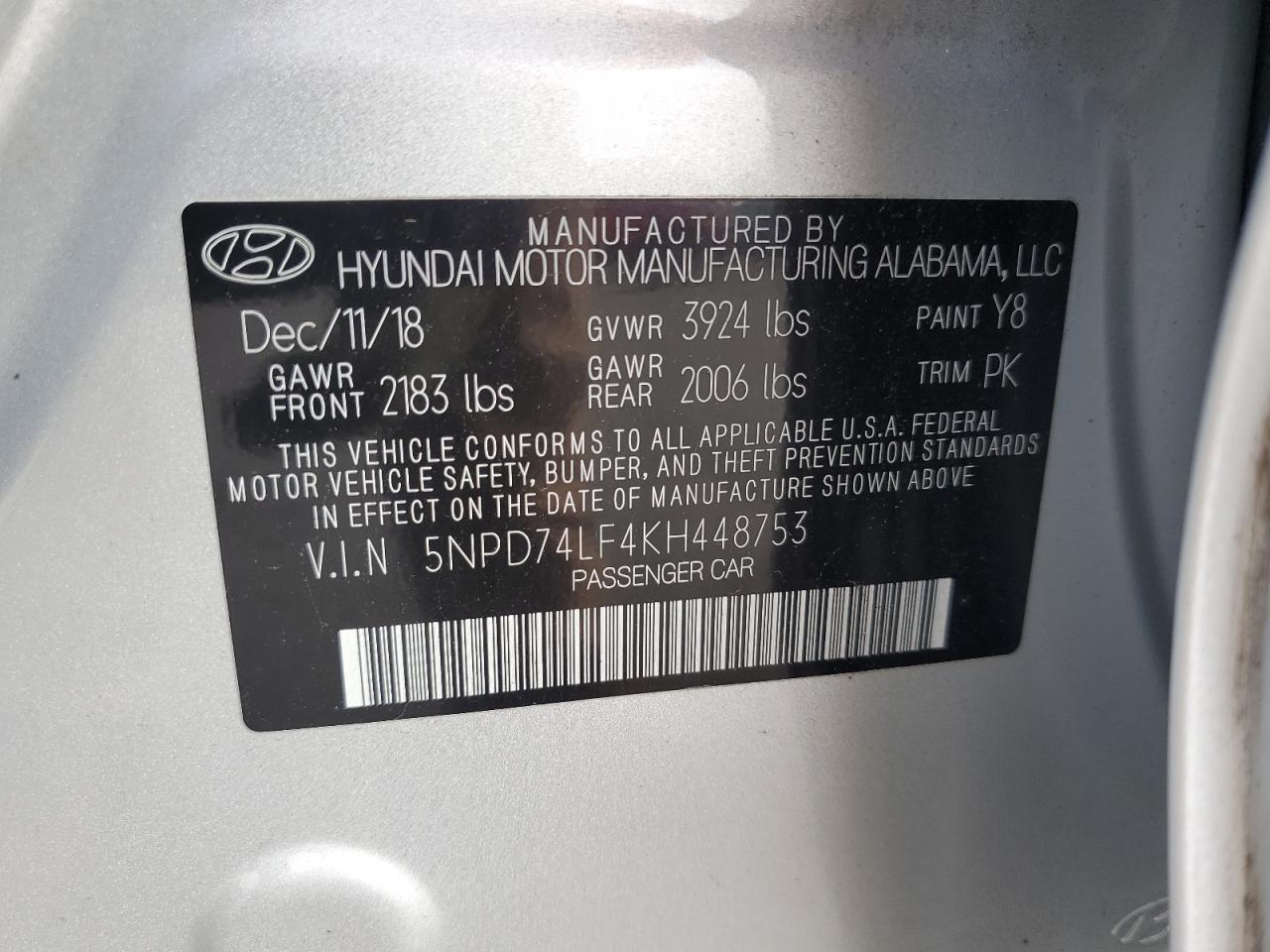 5NPD74LF4KH448753 2019 Hyundai Elantra Se