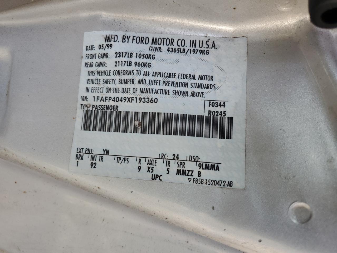 1999 Ford Mustang VIN: 1FAFP4049XF193360 Lot: 65765514