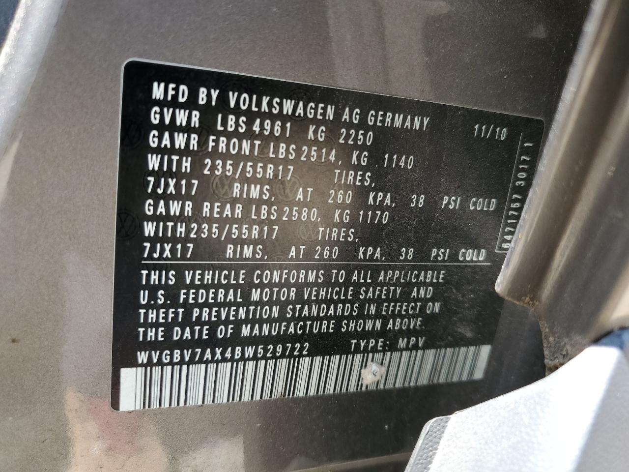 WVGBV7AX4BW529722 2011 Volkswagen Tiguan S