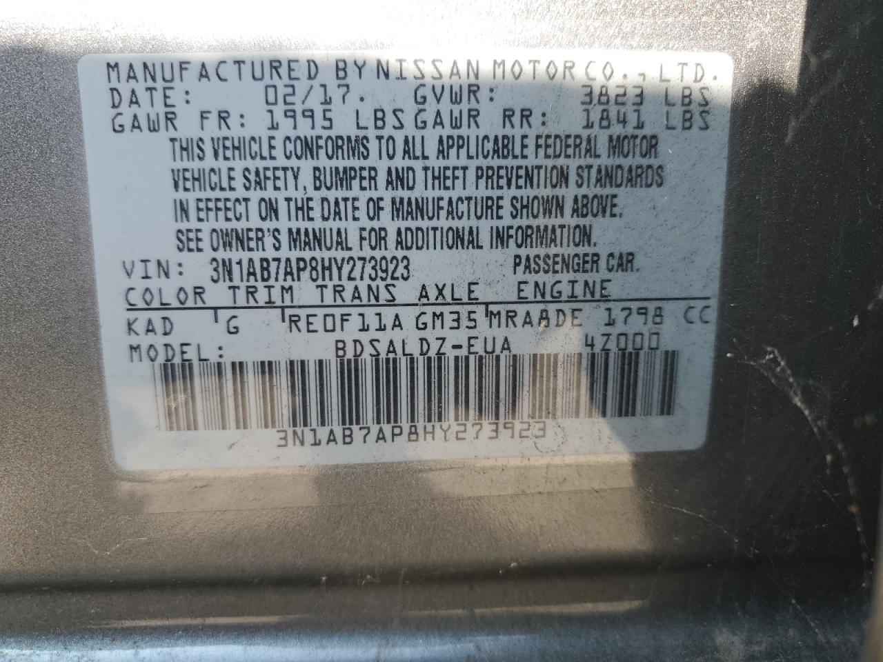 3N1AB7AP8HY273923 2017 Nissan Sentra S