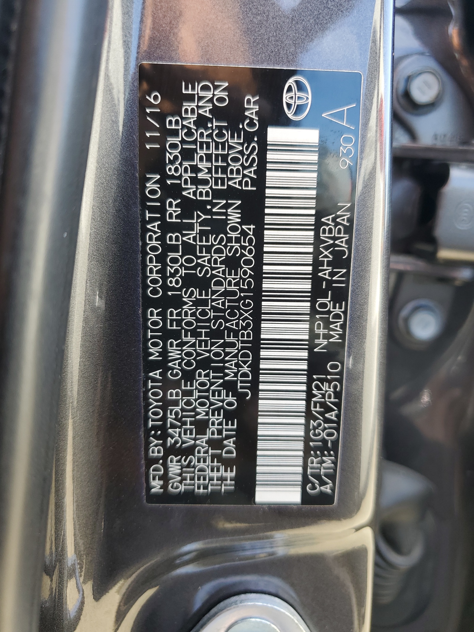 JTDKDTB3XG1590654 2016 Toyota Prius C