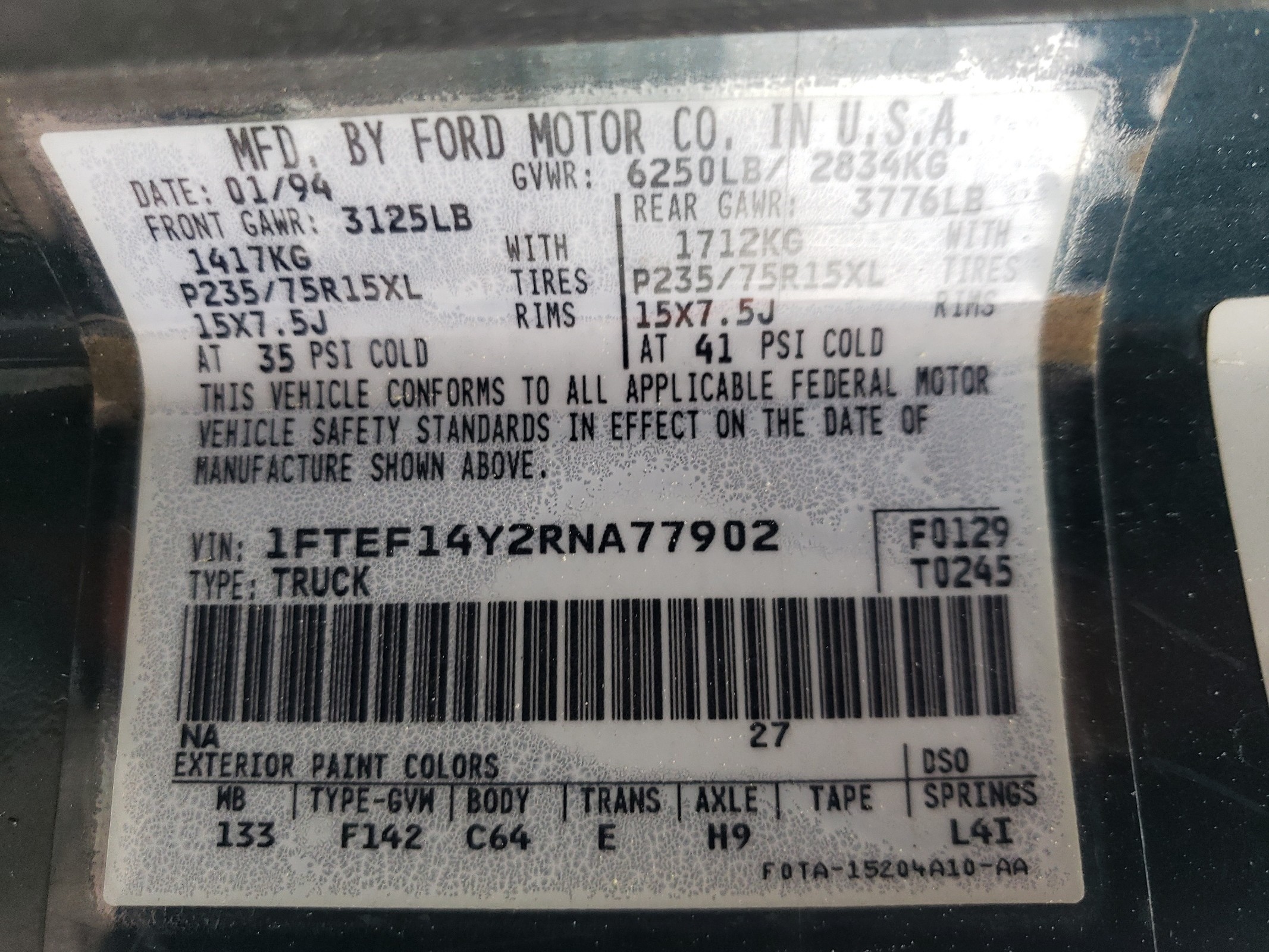 1FTEF14Y2RNA77902 1994 Ford F150