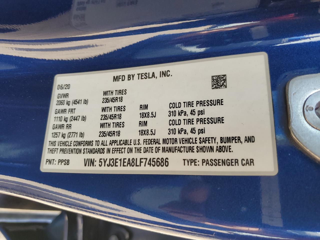 5YJ3E1EA8LF745686 2020 Tesla Model 3