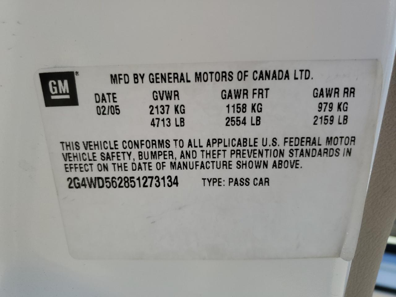 2005 Buick Lacrosse Cxl VIN: 2G4WD562851273134 Lot: 67547324