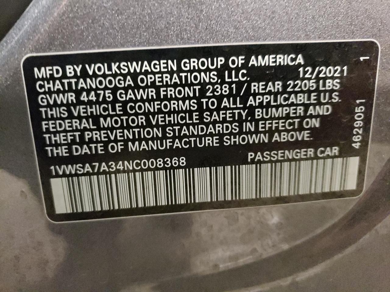 2022 Volkswagen Passat Se VIN: 1VWSA7A34NC008368 Lot: 67690354