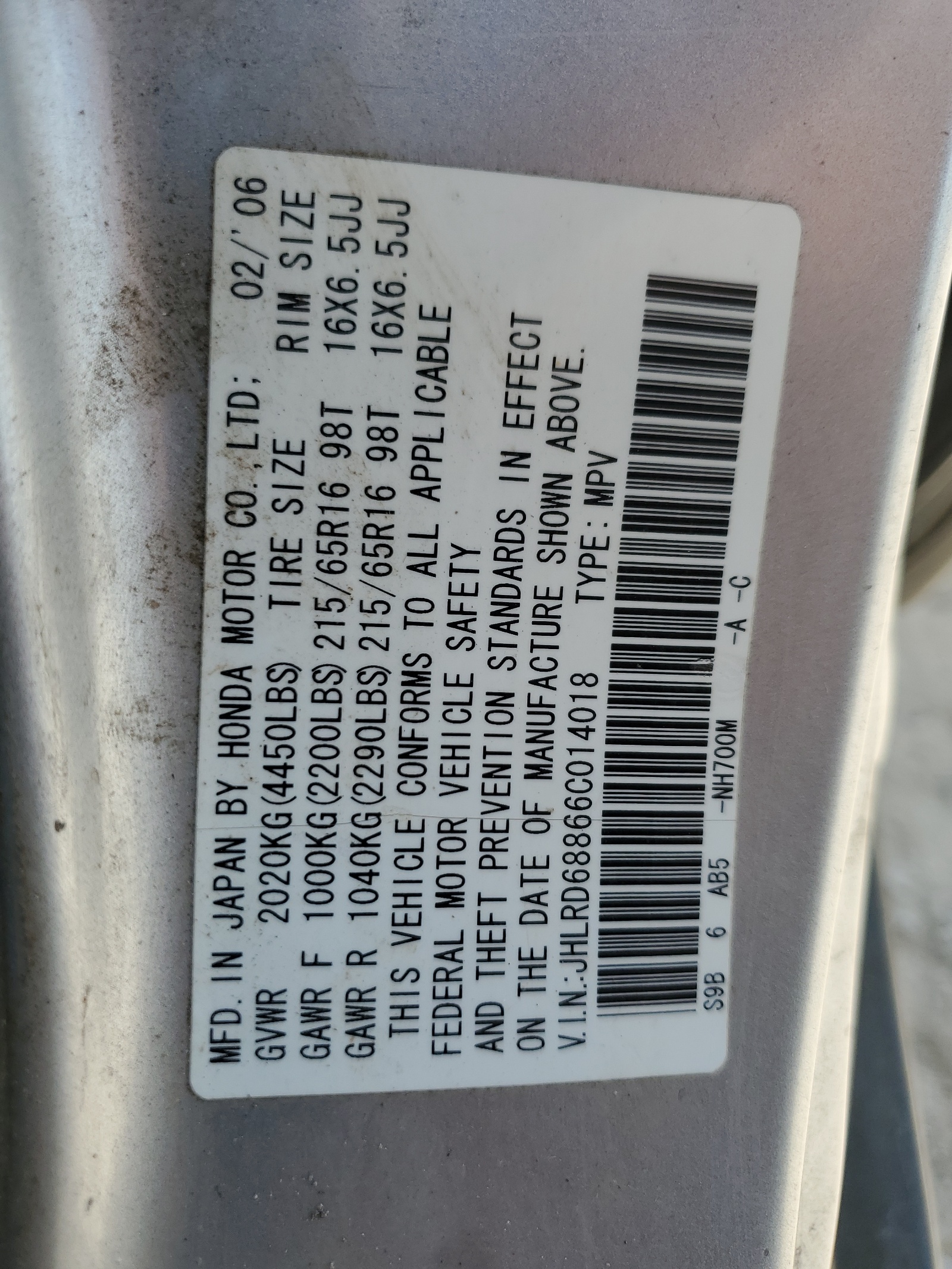 JHLRD68866C014018 2006 Honda Cr-V Ex