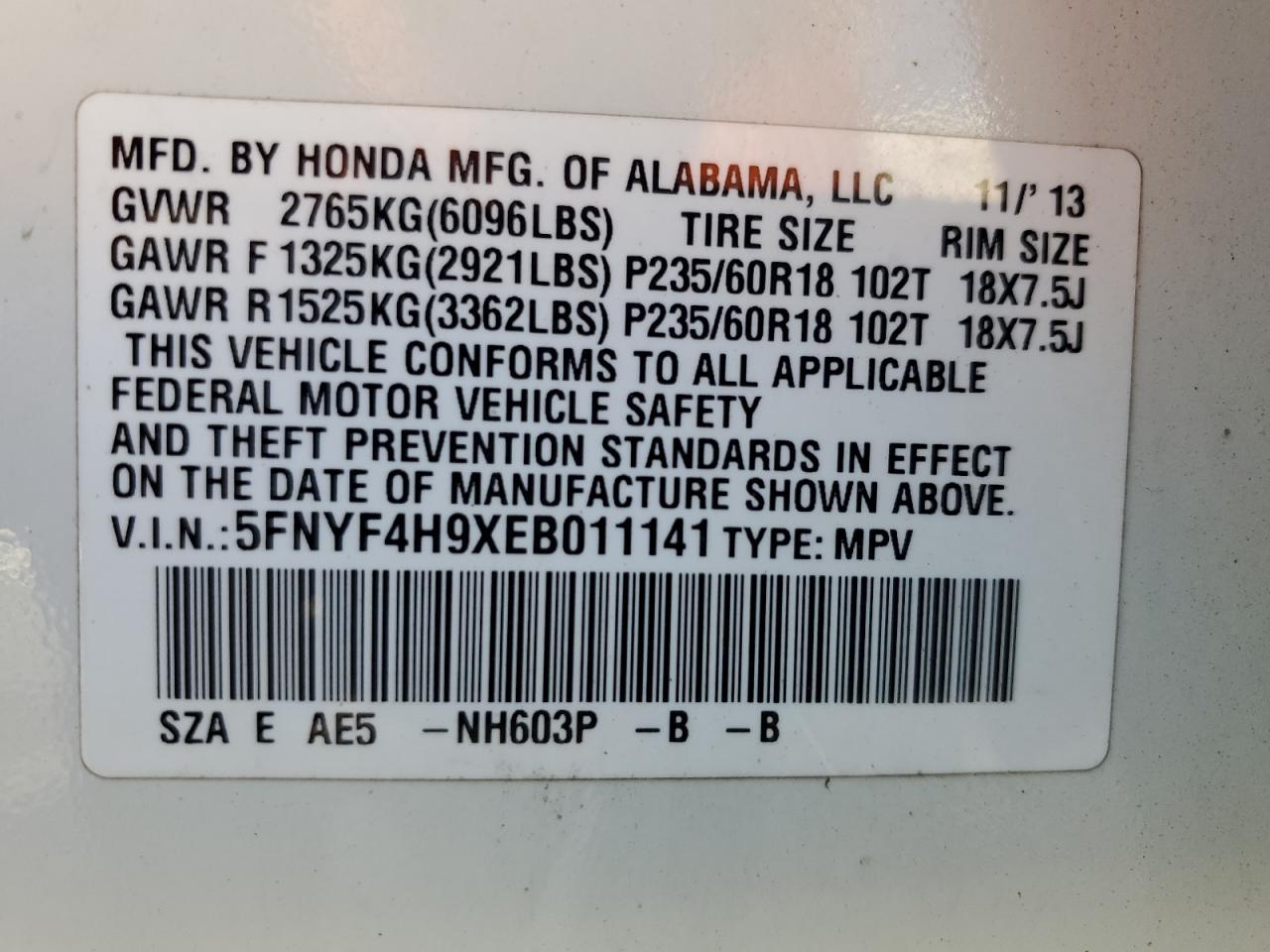 2014 Honda Pilot Touring VIN: 5FNYF4H9XEB011141 Lot: 68251534