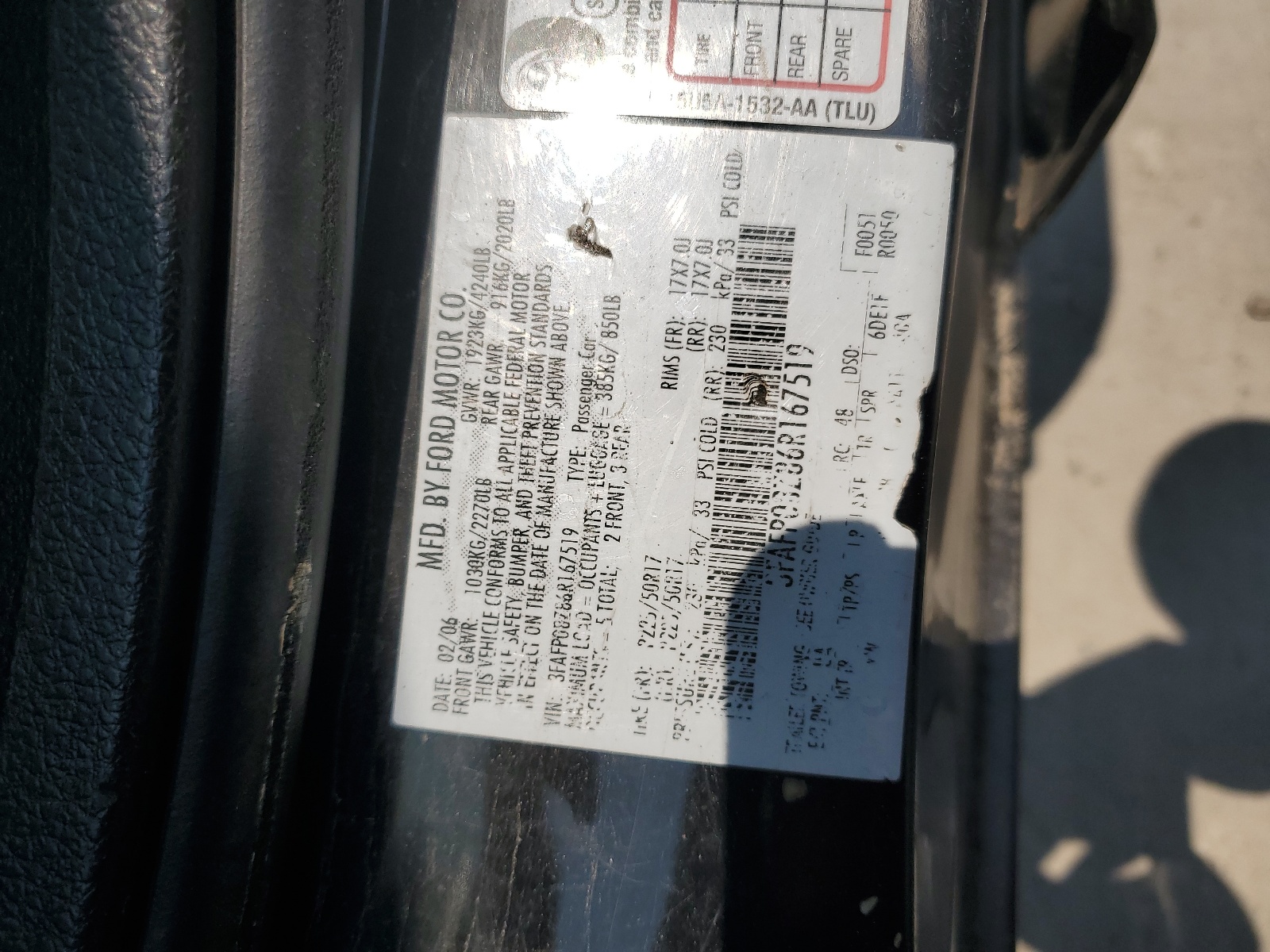 3FAFP08Z86R167519 2006 Ford Fusion Sel