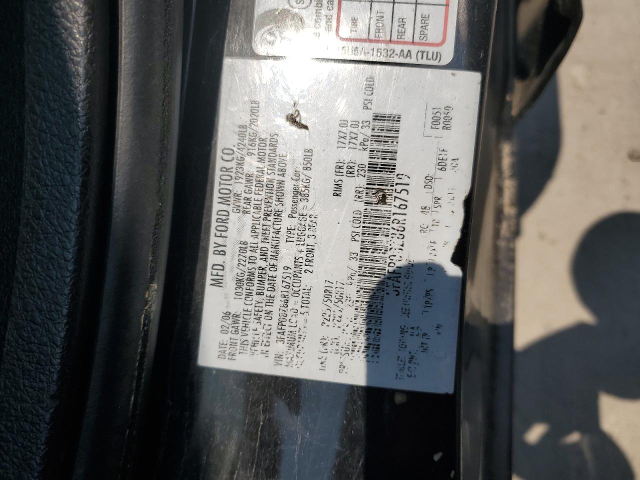 2006 Ford Fusion Sel VIN: 3FAFP08Z86R167519 Lot: 66786654