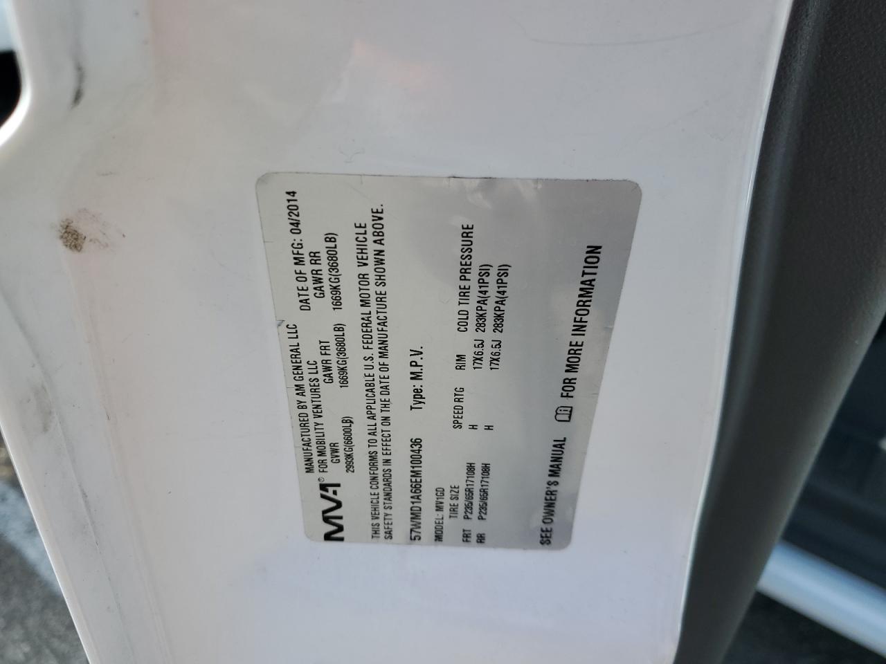 2014 Ford Van VIN: 57WMD1A66EM100436 Lot: 66041234