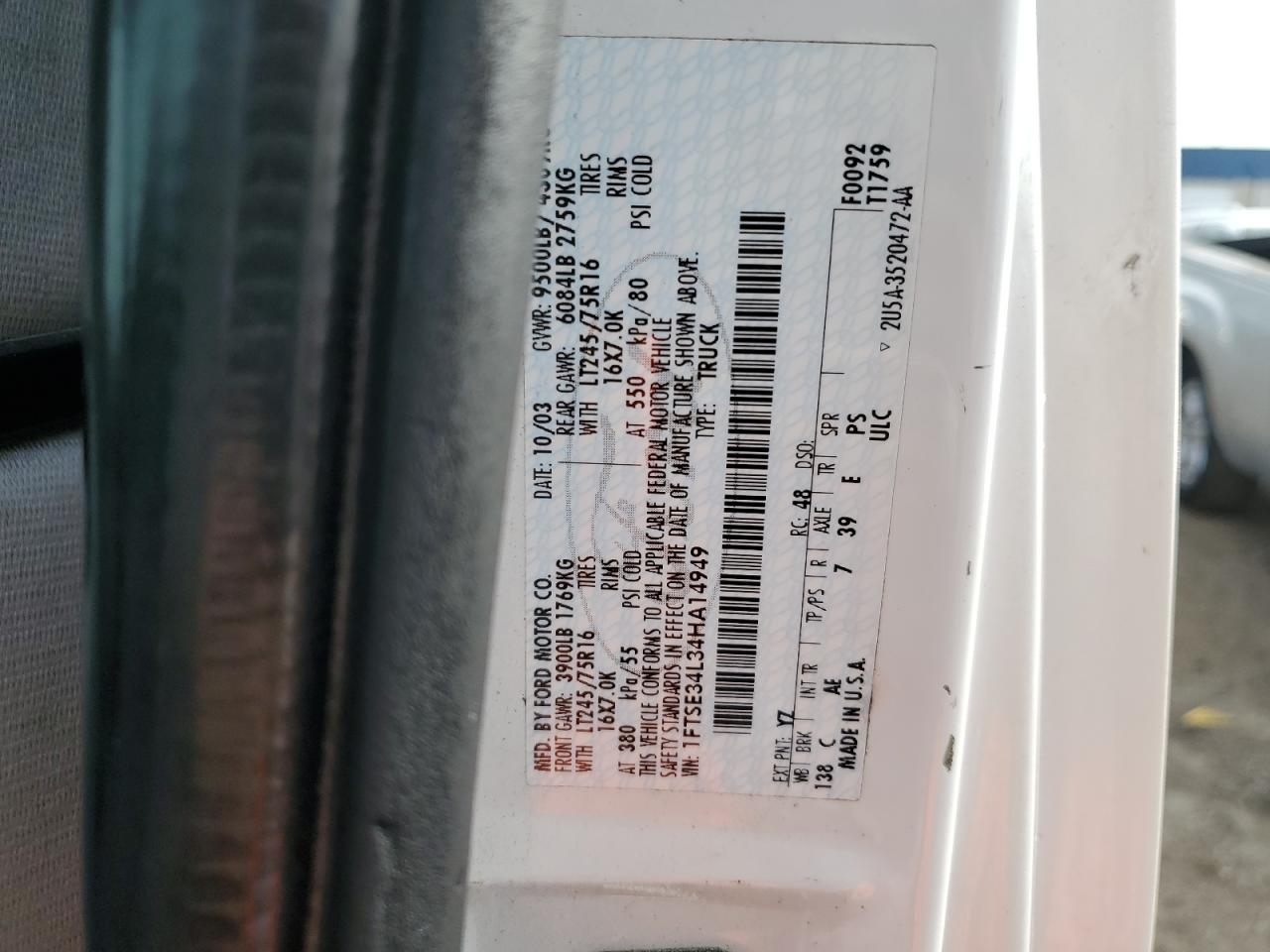 2004 Ford Econoline E350 Super Duty Van VIN: 1FTSE34L34HA14949 Lot: 67405514