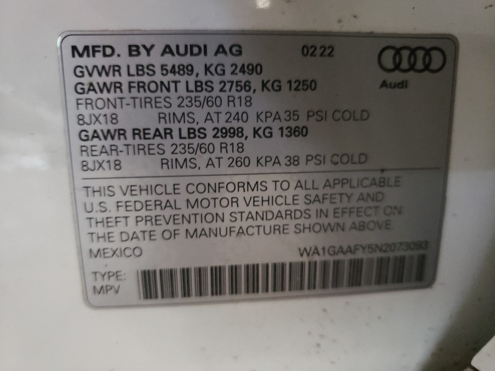 WA1GAAFY5N2073093 2022 Audi Q5 Premium 45