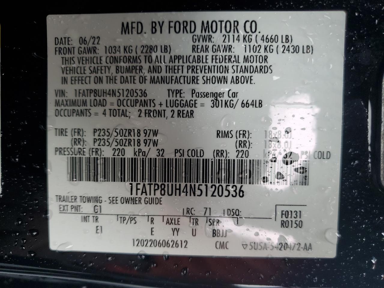 2022 Ford Mustang VIN: 1FATP8UH4N5120536 Lot: 69858264