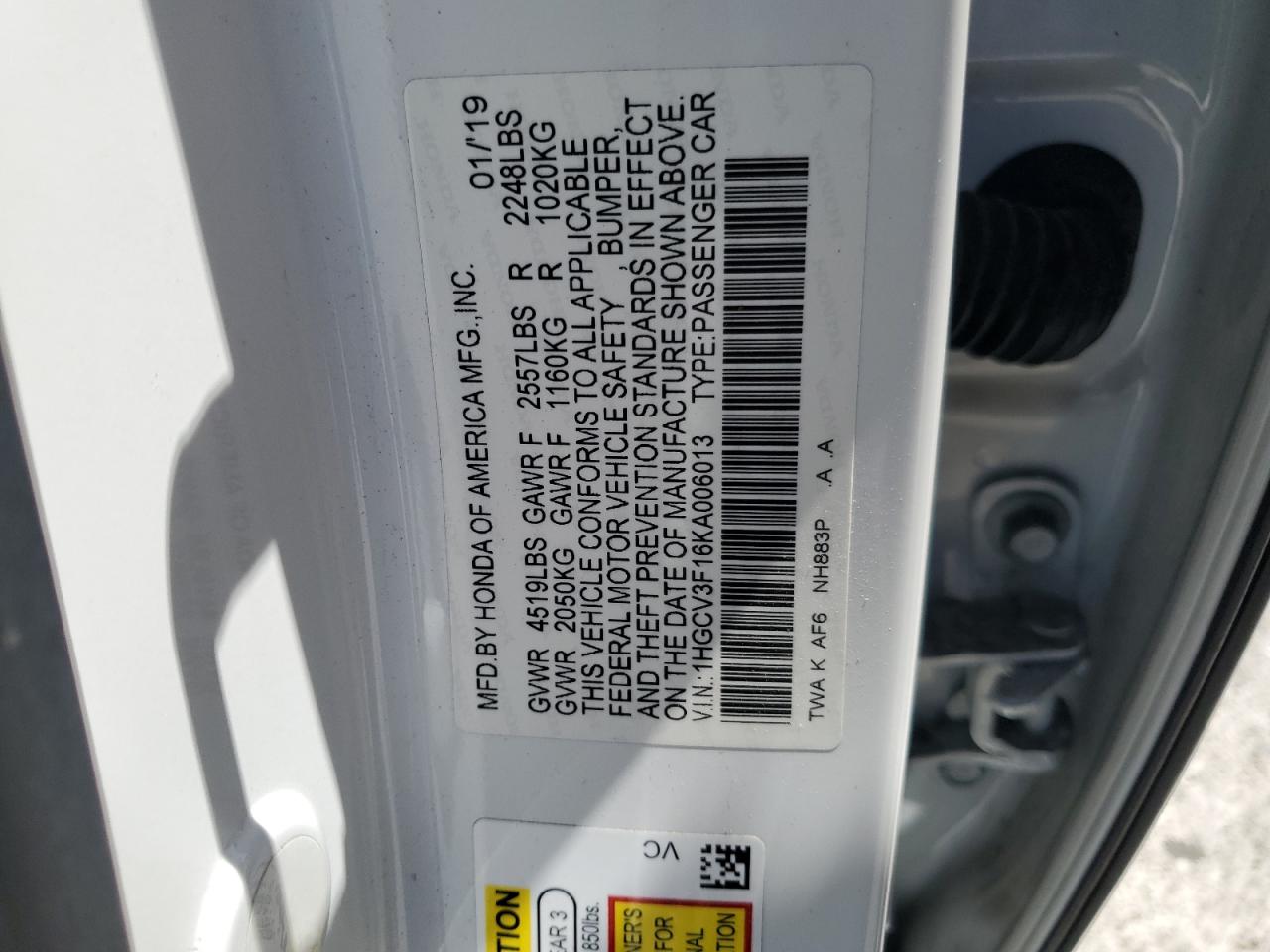 1HGCV3F16KA006013 2019 HONDA ACCORD - Image 12