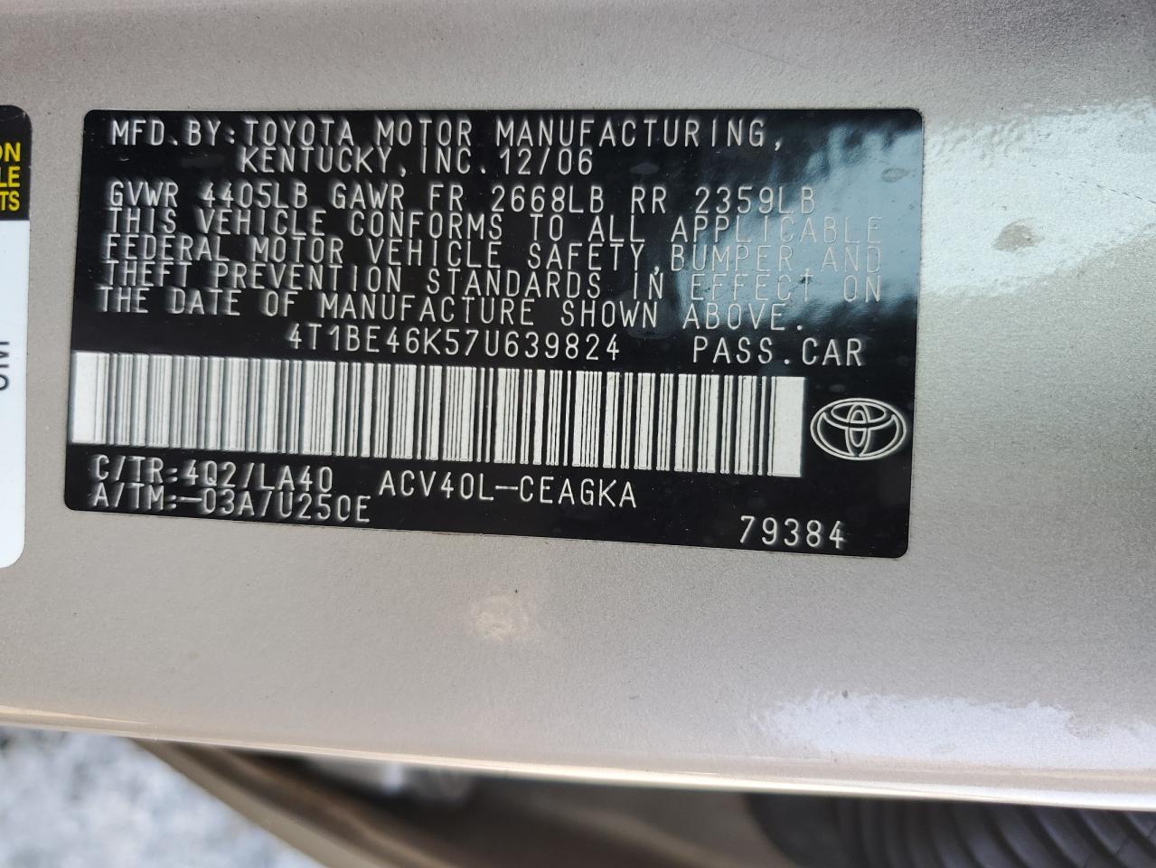 4T1BE46K57U639824 2007 Toyota Camry Ce