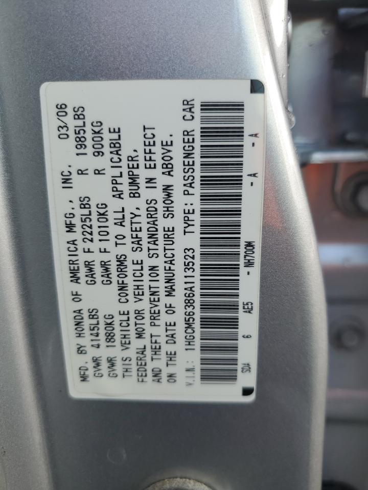 2006 Honda Accord Se VIN: 1HGCM56386A113523 Lot: 66622234