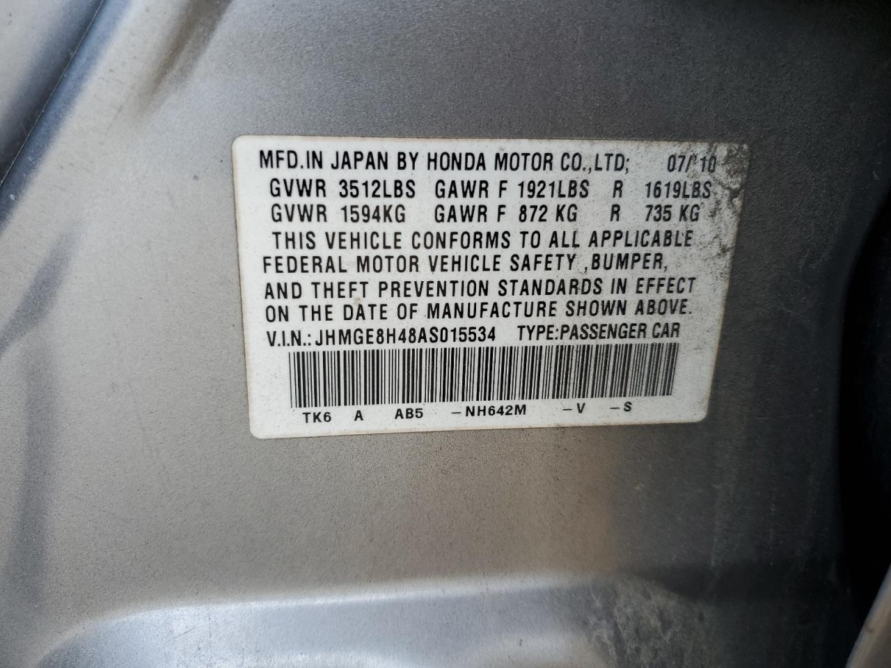 JHMGE8H48AS015534 2010 Honda Fit Sport