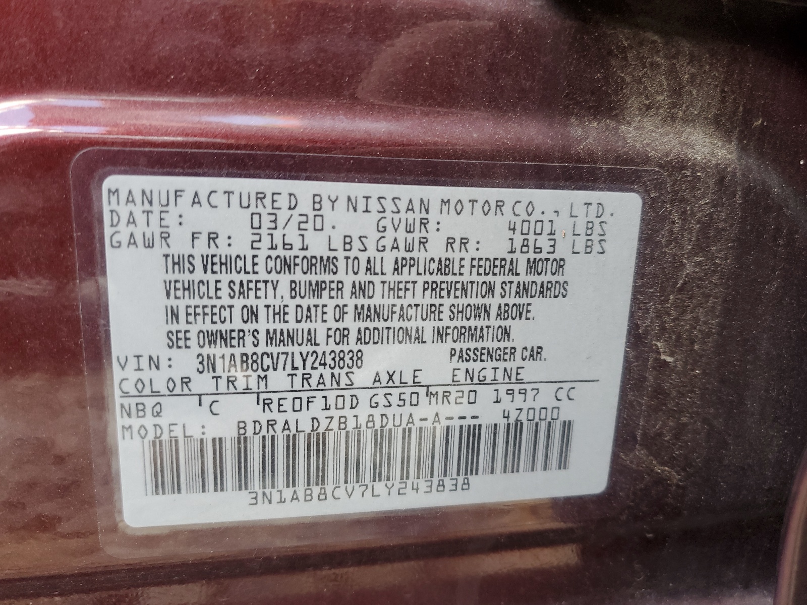 3N1AB8CV7LY243838 2020 Nissan Sentra Sv