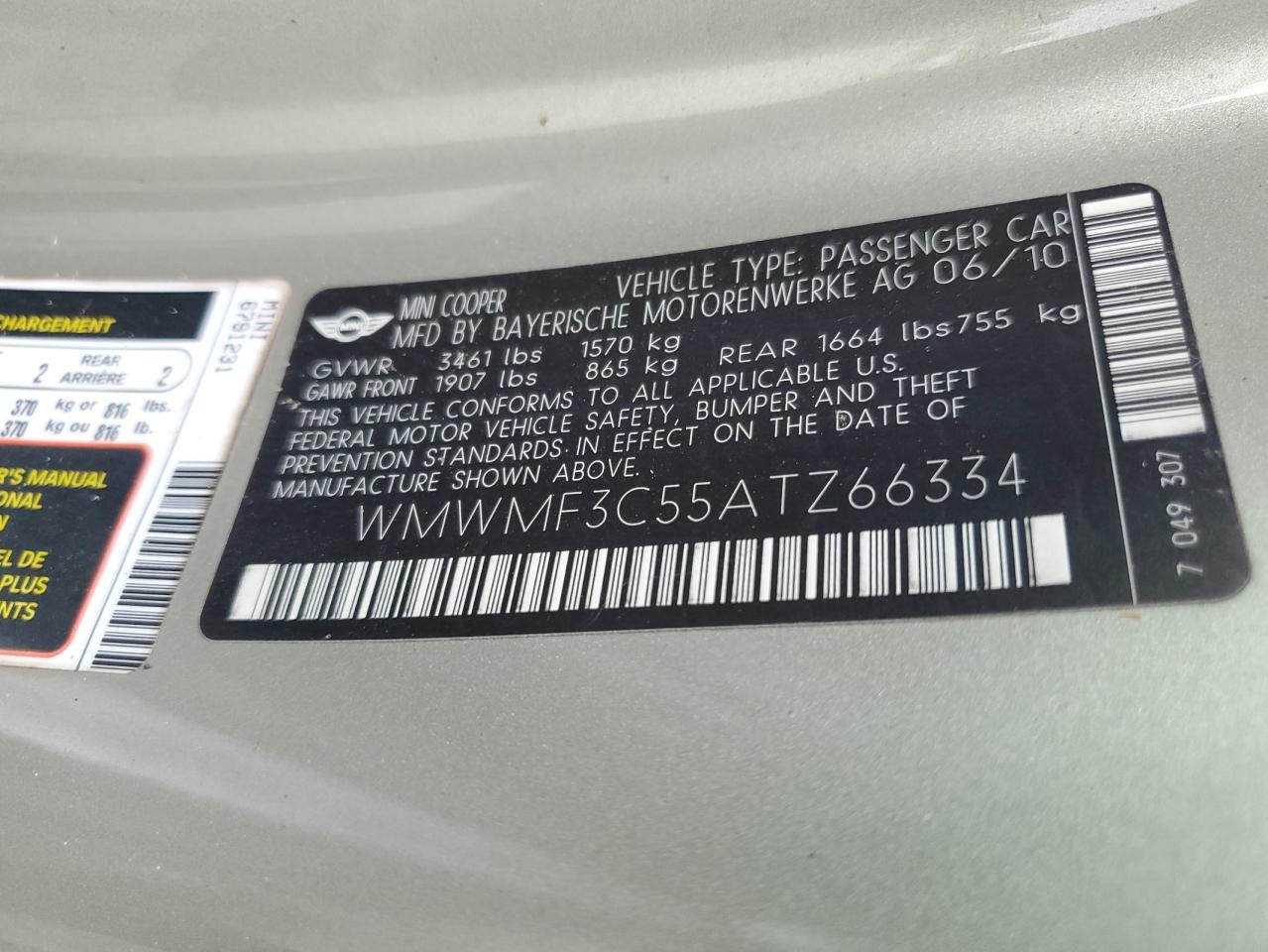 2010 Mini Cooper VIN: WMWMF3C55ATZ66334 Lot: 65843474