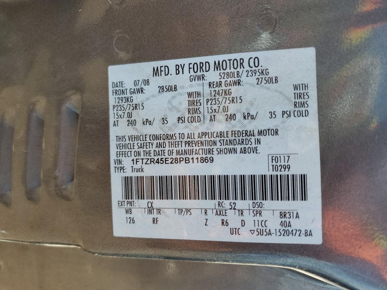 2008 Ford Ranger Super Cab VIN: 1FTZR45E28PB11869 Lot: 81540434