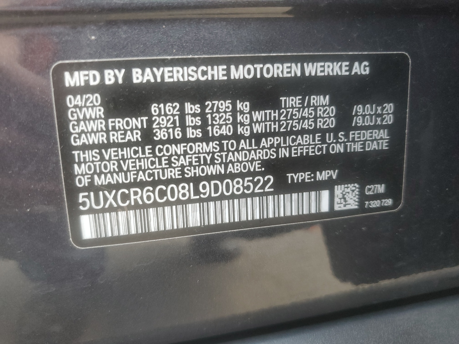 5UXCR6C08L9D08522 2020 BMW X5 xDrive40I