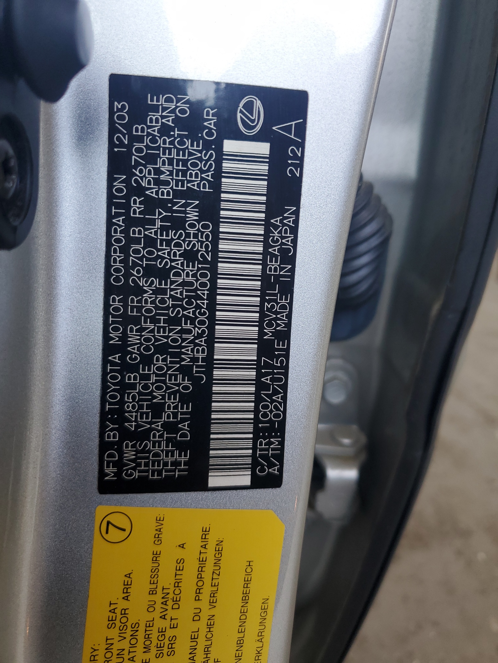 JTHBA30G440012550 2004 Lexus Es 330