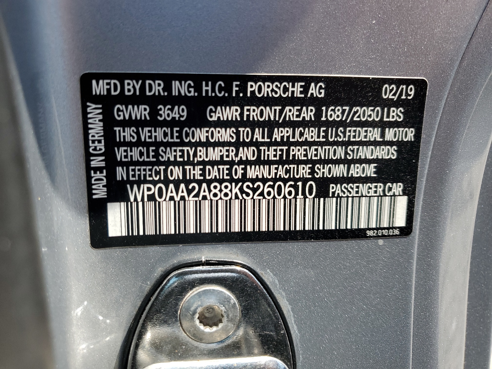 WP0AA2A88KS260610 2019 Porsche Cayman Base