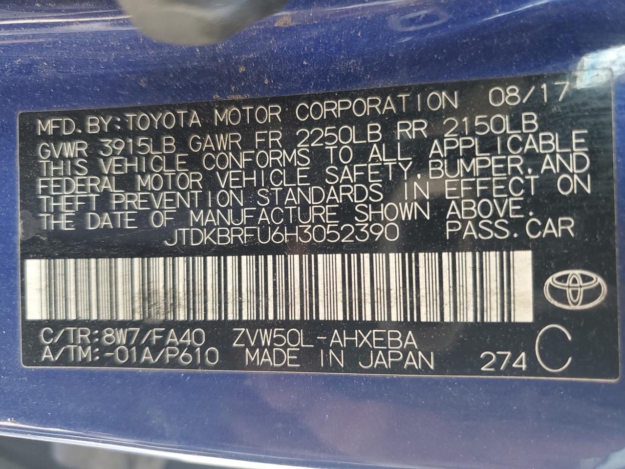 2017 Toyota Prius VIN: JTDKBRFU6H3052390 Lot: 65907464