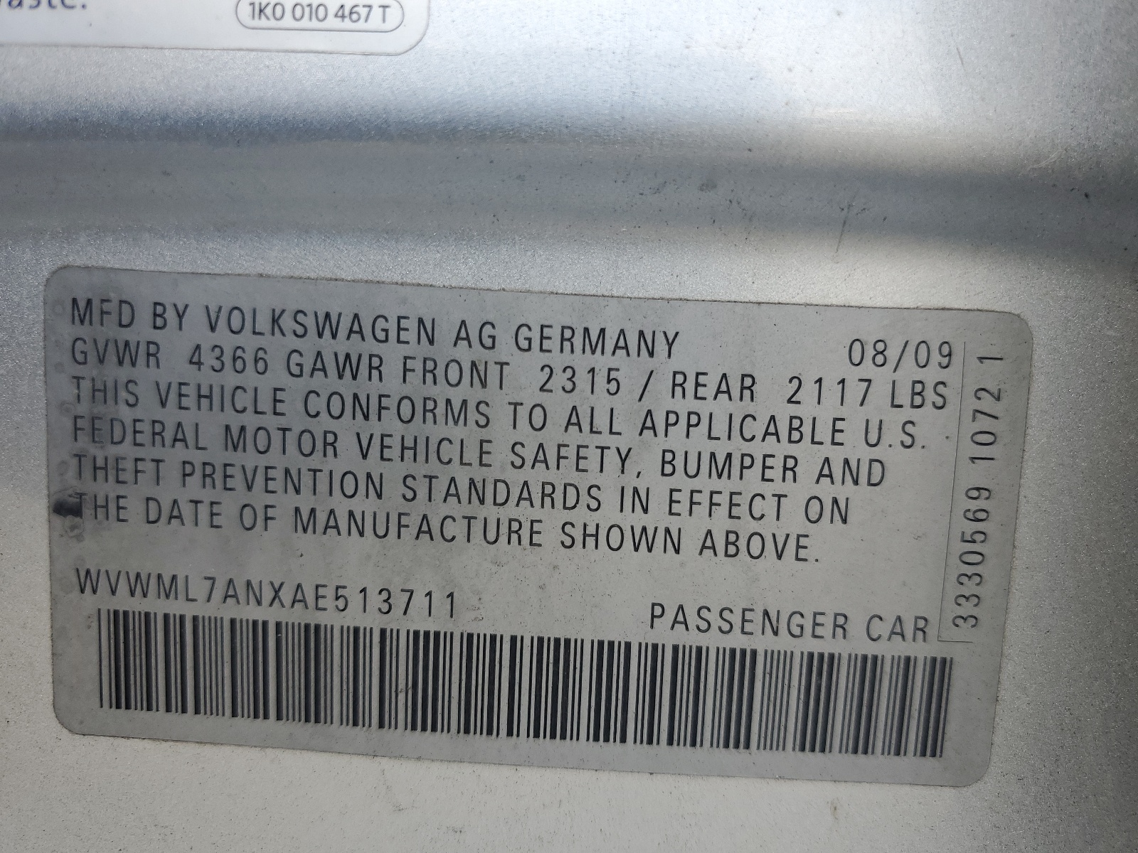 WVWML7ANXAE513711 2010 Volkswagen Cc Sport