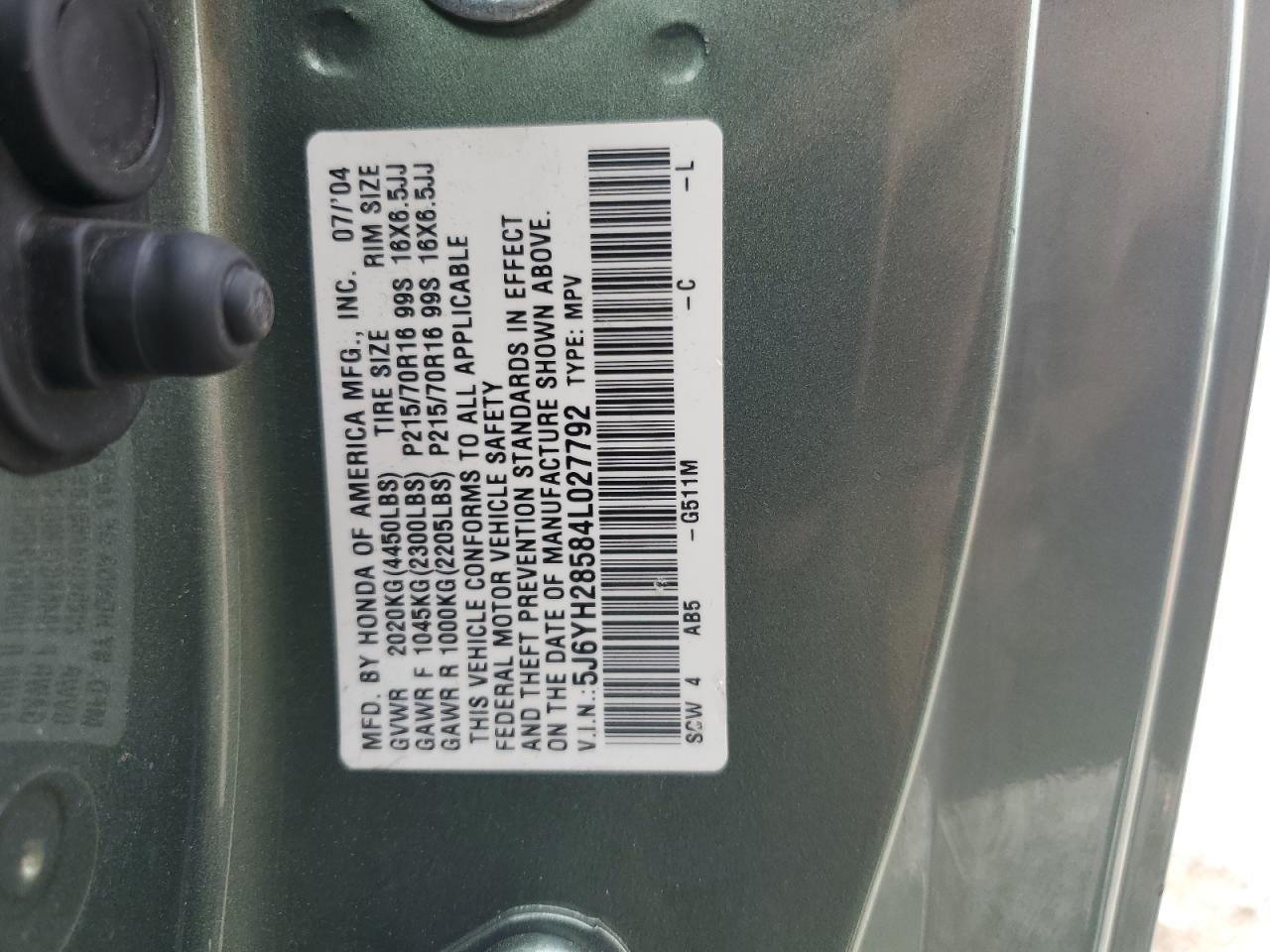 2004 Honda Element Ex VIN: 5J6YH28584L027792 Lot: 66572084