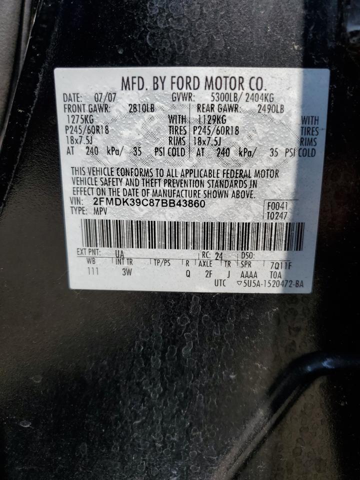 2007 Ford Edge Sel Plus VIN: 2FMDK39C87BB43860 Lot: 65756924