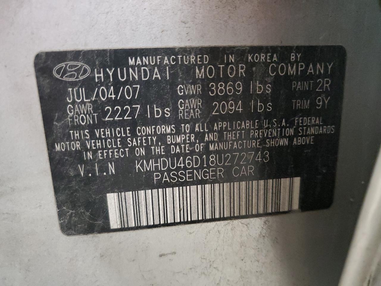 2008 Hyundai Elantra Gls VIN: KMHDU46D18U272743 Lot: 66995244