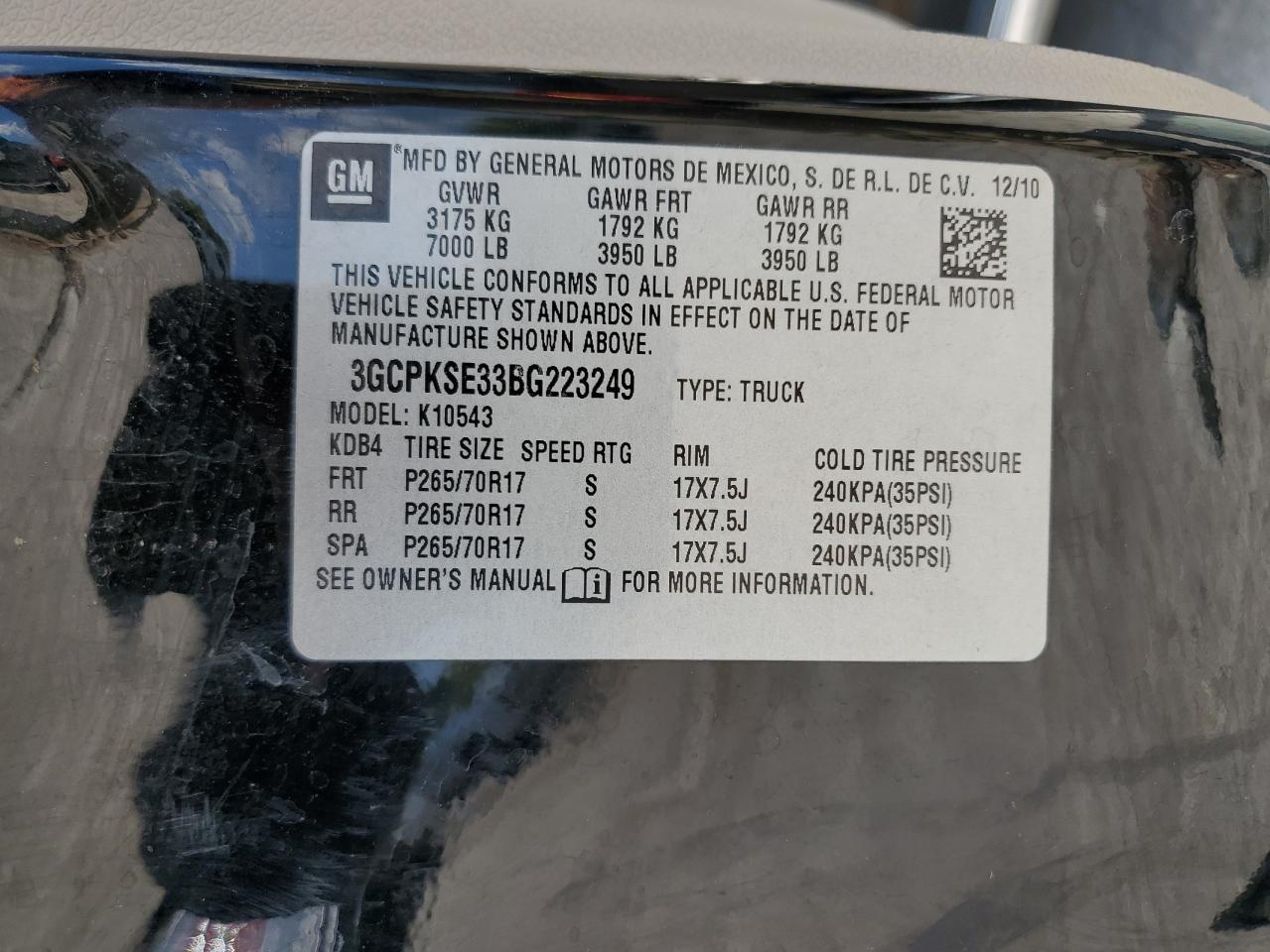 2011 Chevrolet Silverado K1500 Lt VIN: 3GCPKSE33BG223249 Lot: 68771104