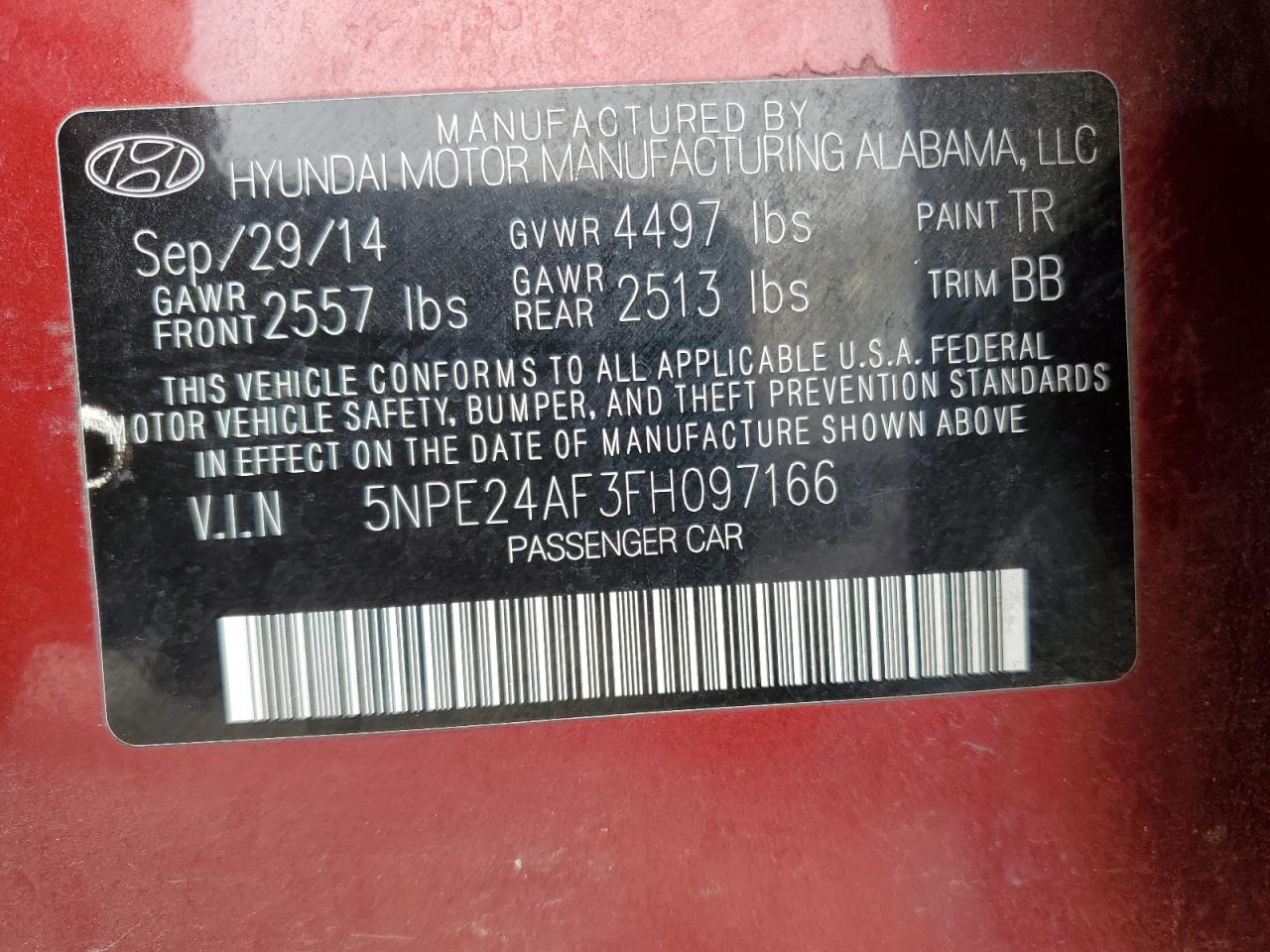 2015 Hyundai Sonata Se VIN: 5NPE24AF3FH097166 Lot: 65794704