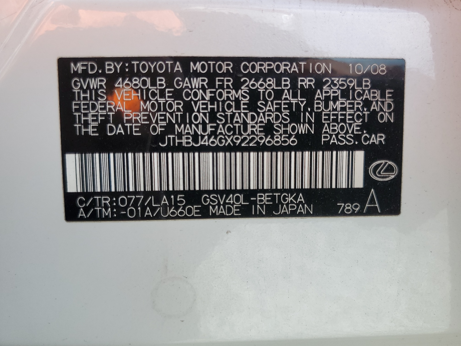 JTHBJ46GX92296856 2009 Lexus Es 350