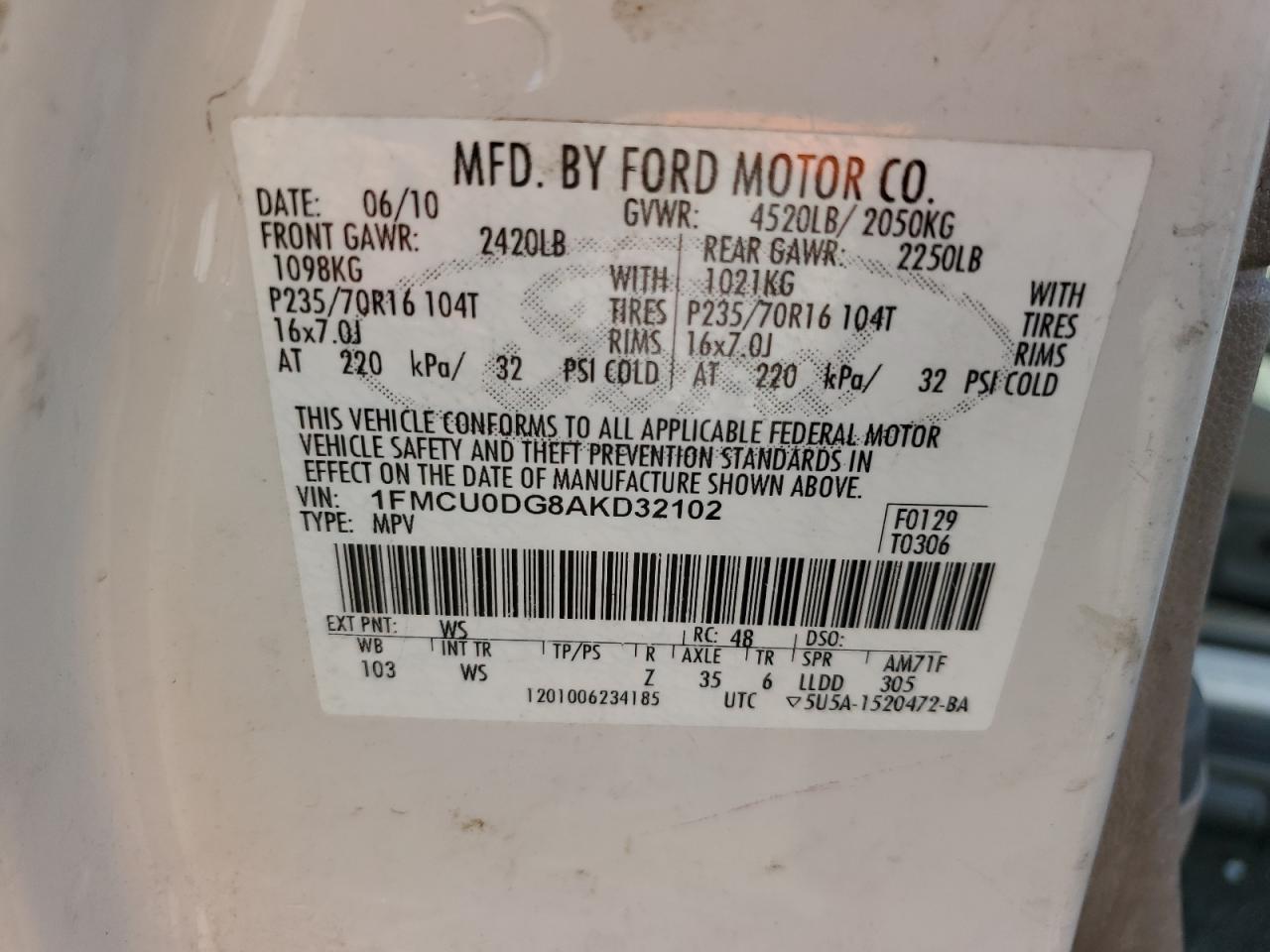 2010 Ford Escape Xlt VIN: 1FMCU0DG8AKD32102 Lot: 68098934
