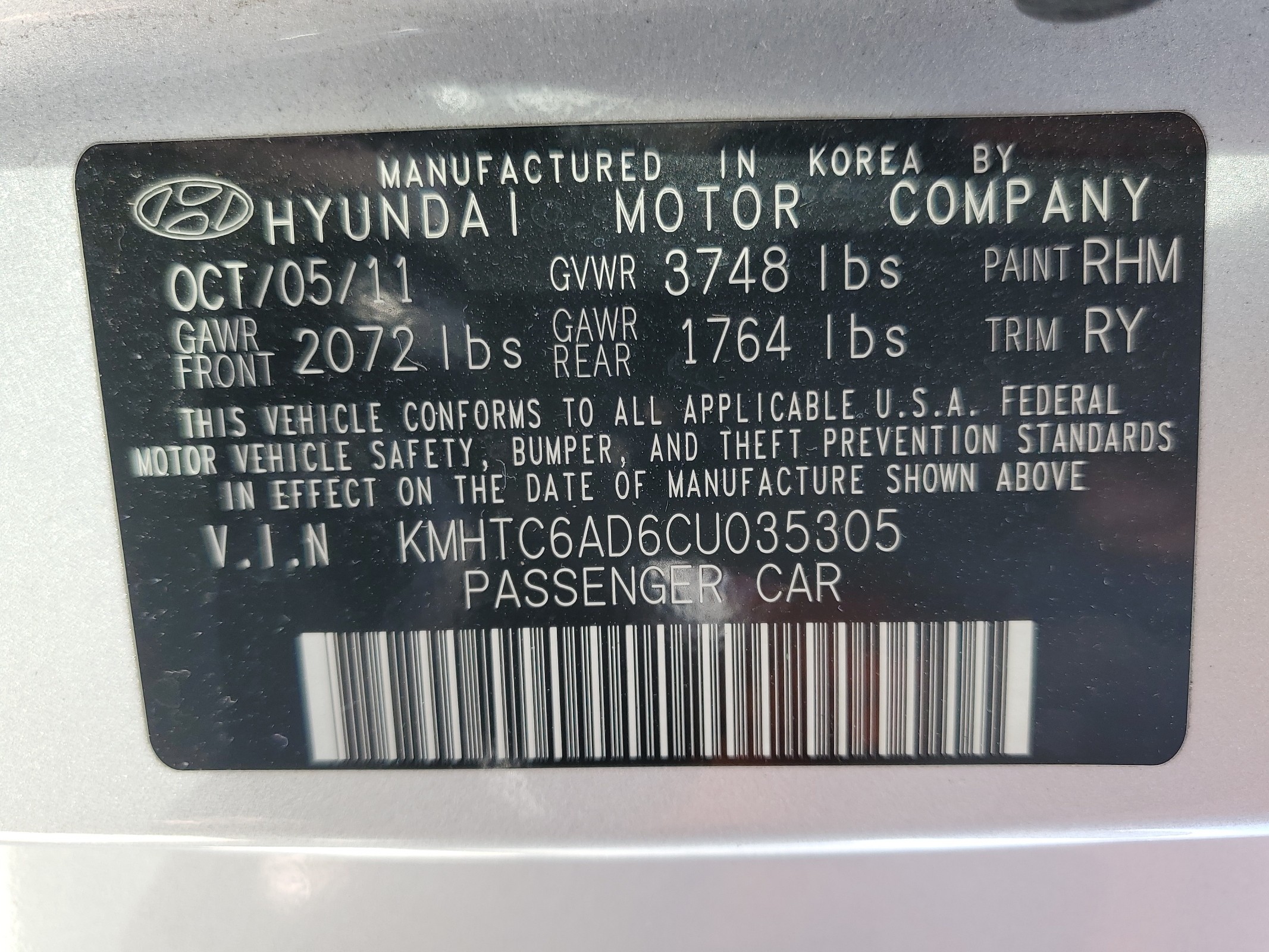 KMHTC6AD6CU035305 2012 Hyundai Veloster