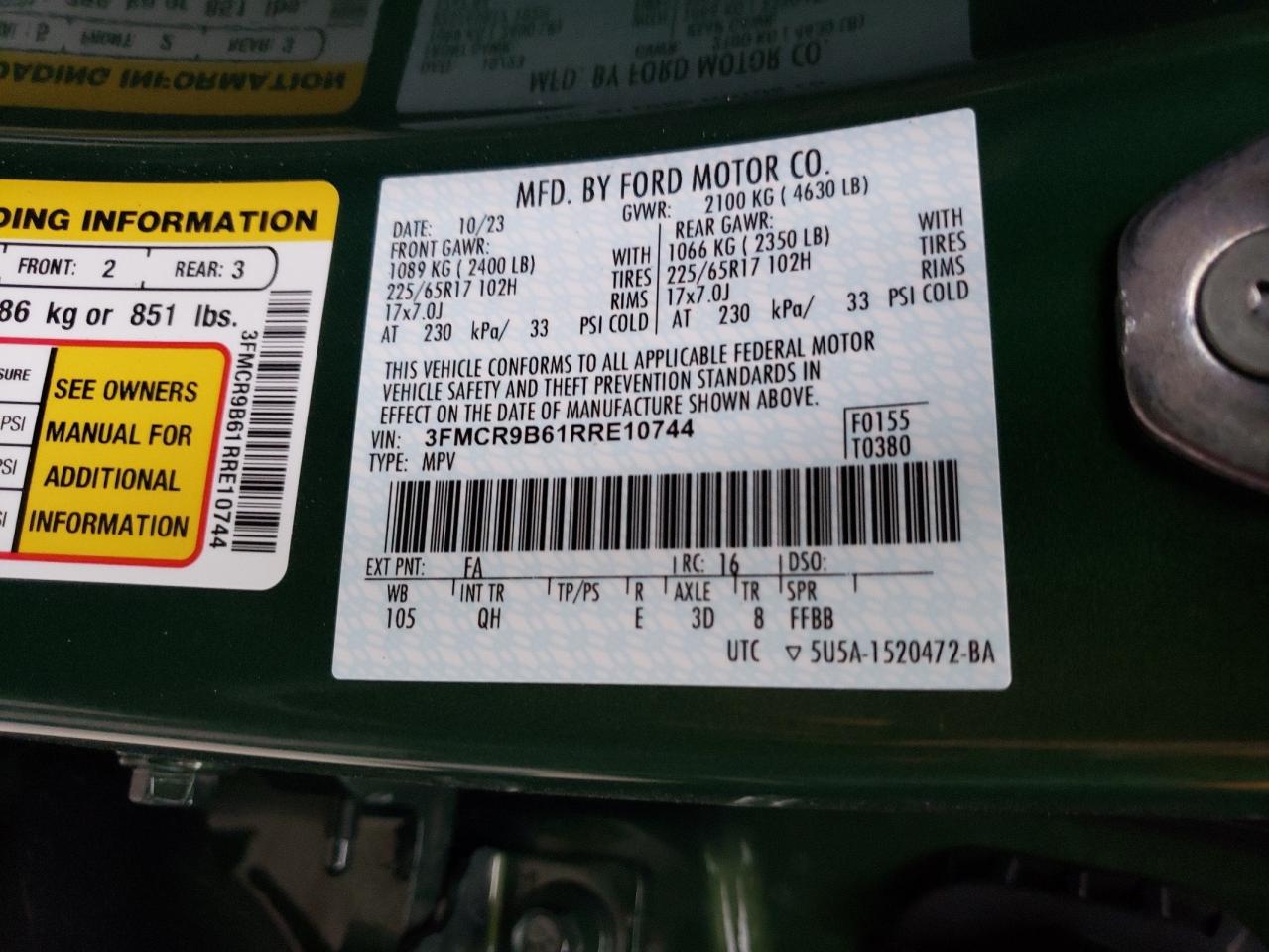 2024 Ford Bronco Sport Big Bend VIN: 3FMCR9B61RRE10744 Lot: 63950824