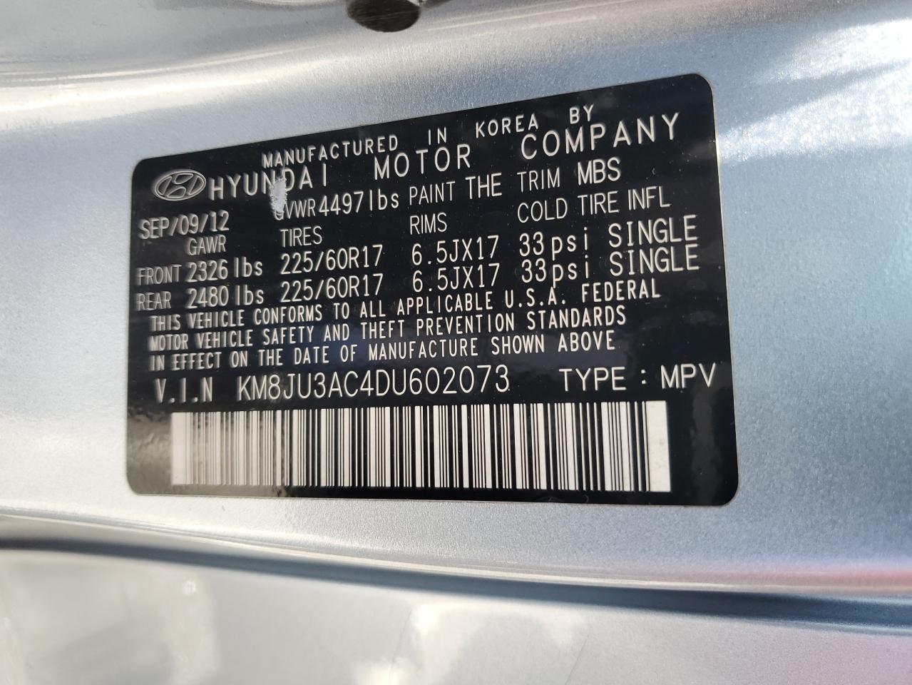 2013 Hyundai Tucson Gls VIN: KM8JU3AC4DU602073 Lot: 68146404