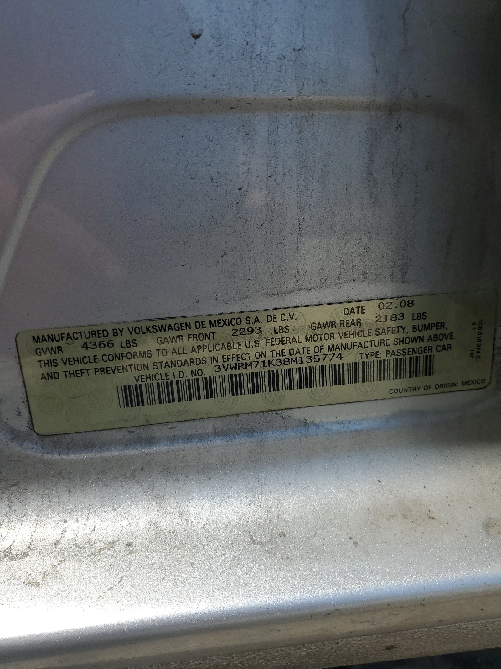 3VWRM71K38M135774 2008 Volkswagen Jetta Se