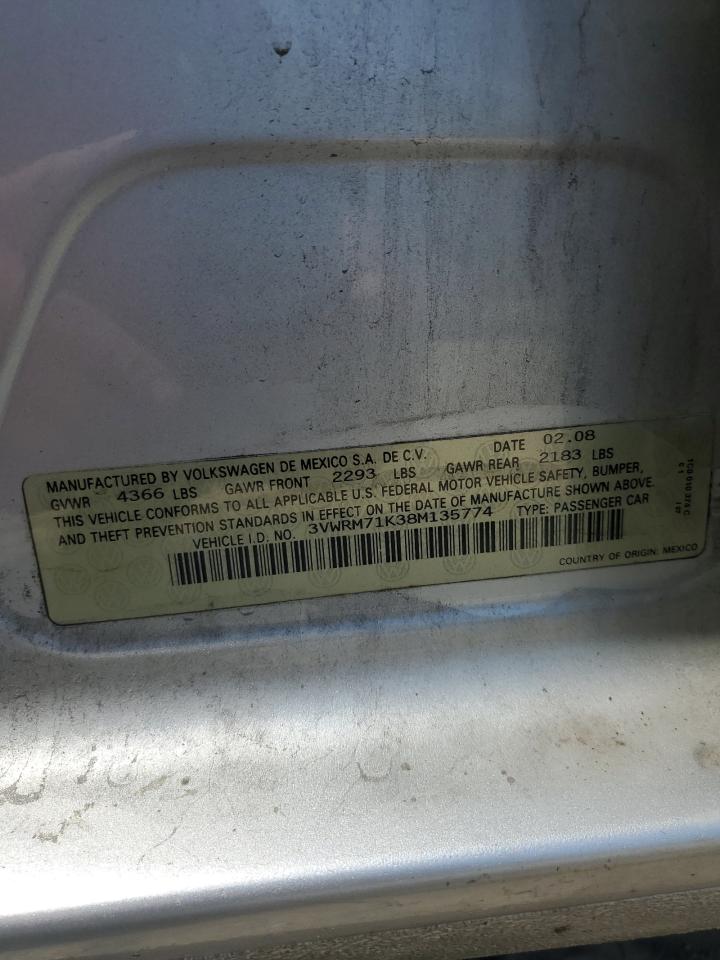 2008 Volkswagen Jetta Se VIN: 3VWRM71K38M135774 Lot: 64734014